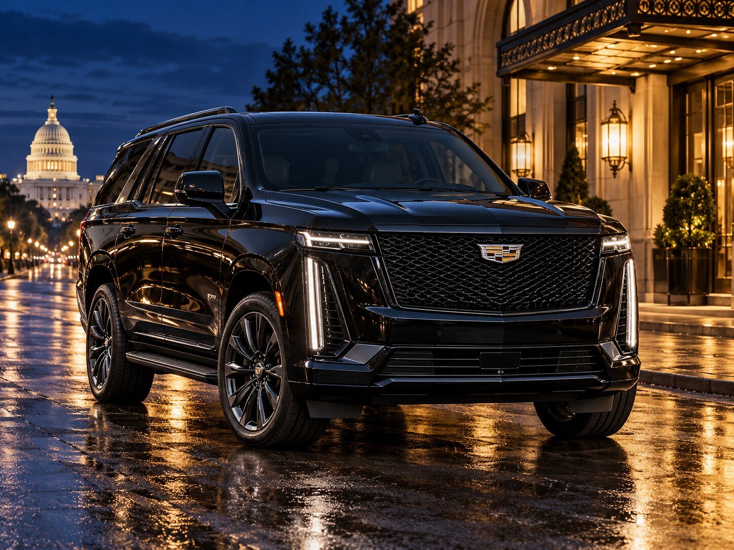 Black Cadillac Escalade outside an upscale Washington DC venue