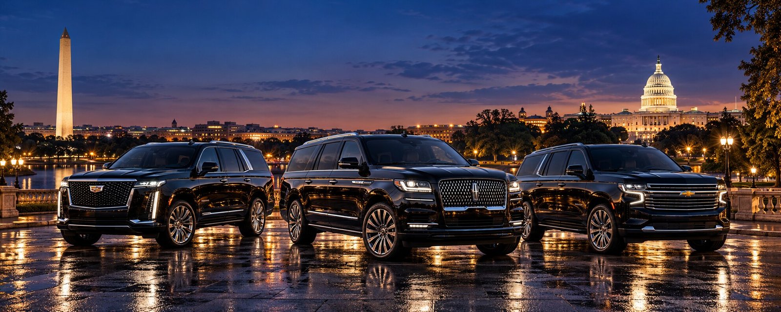 Three black luxury SUVs with Washington DC landmarks at blue hour