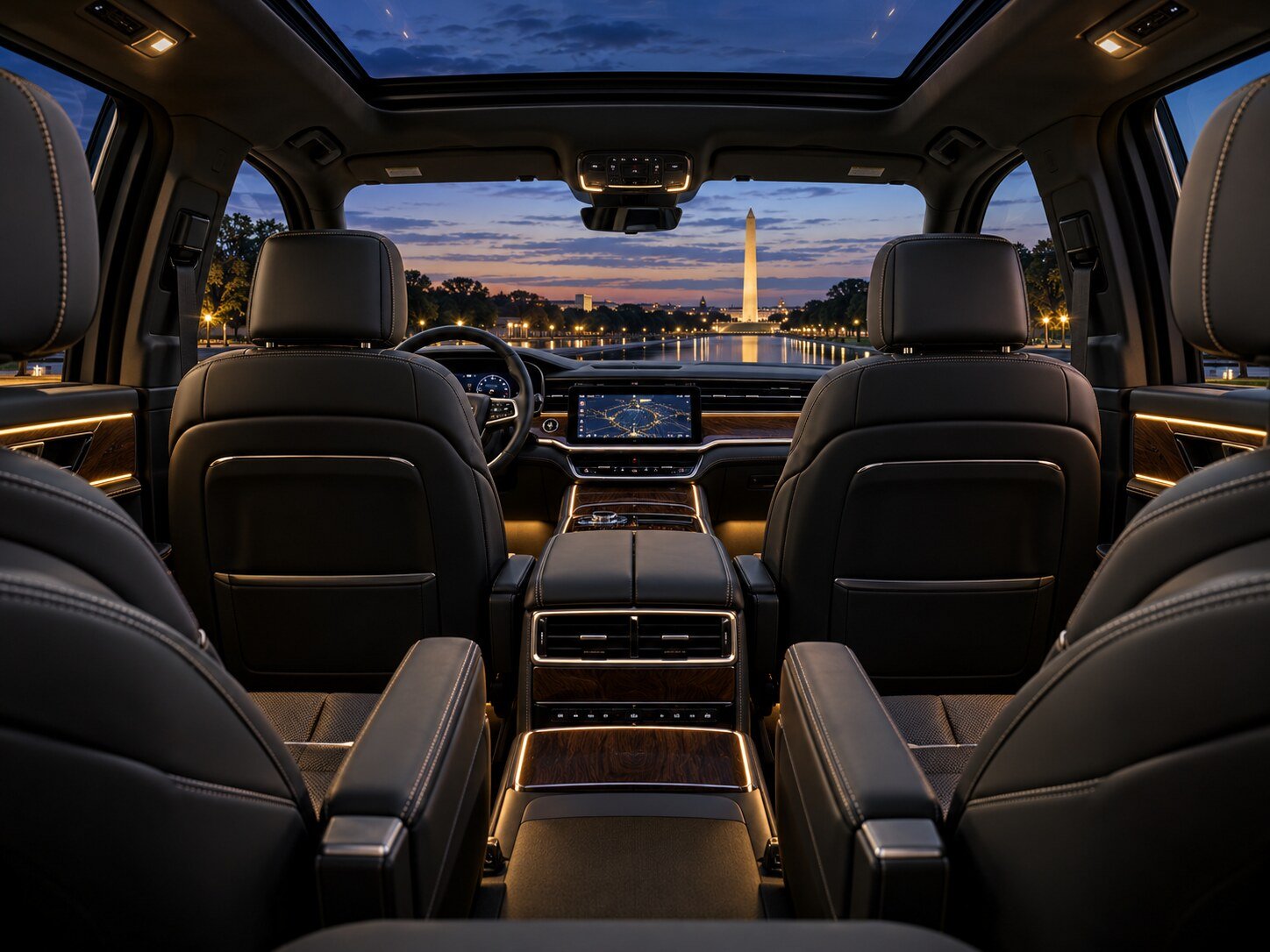 Premium black leather luxury SUV interior overlooking the Washington Monument
