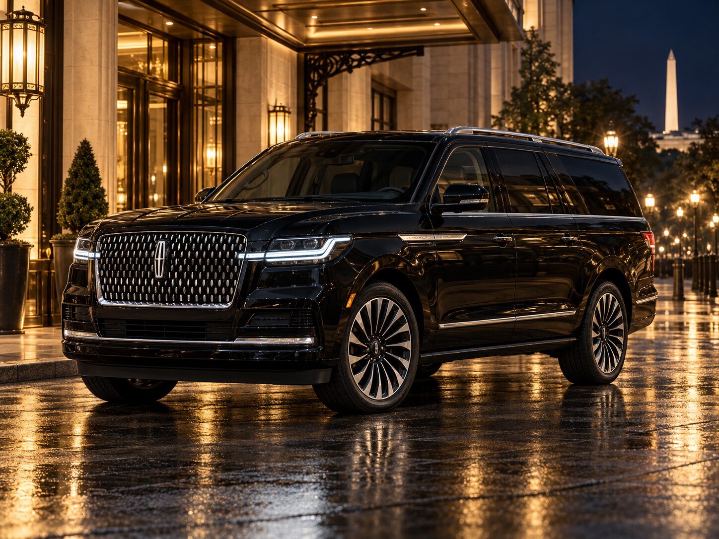 Black Lincoln Navigator L outside a luxury Washington DC hotel