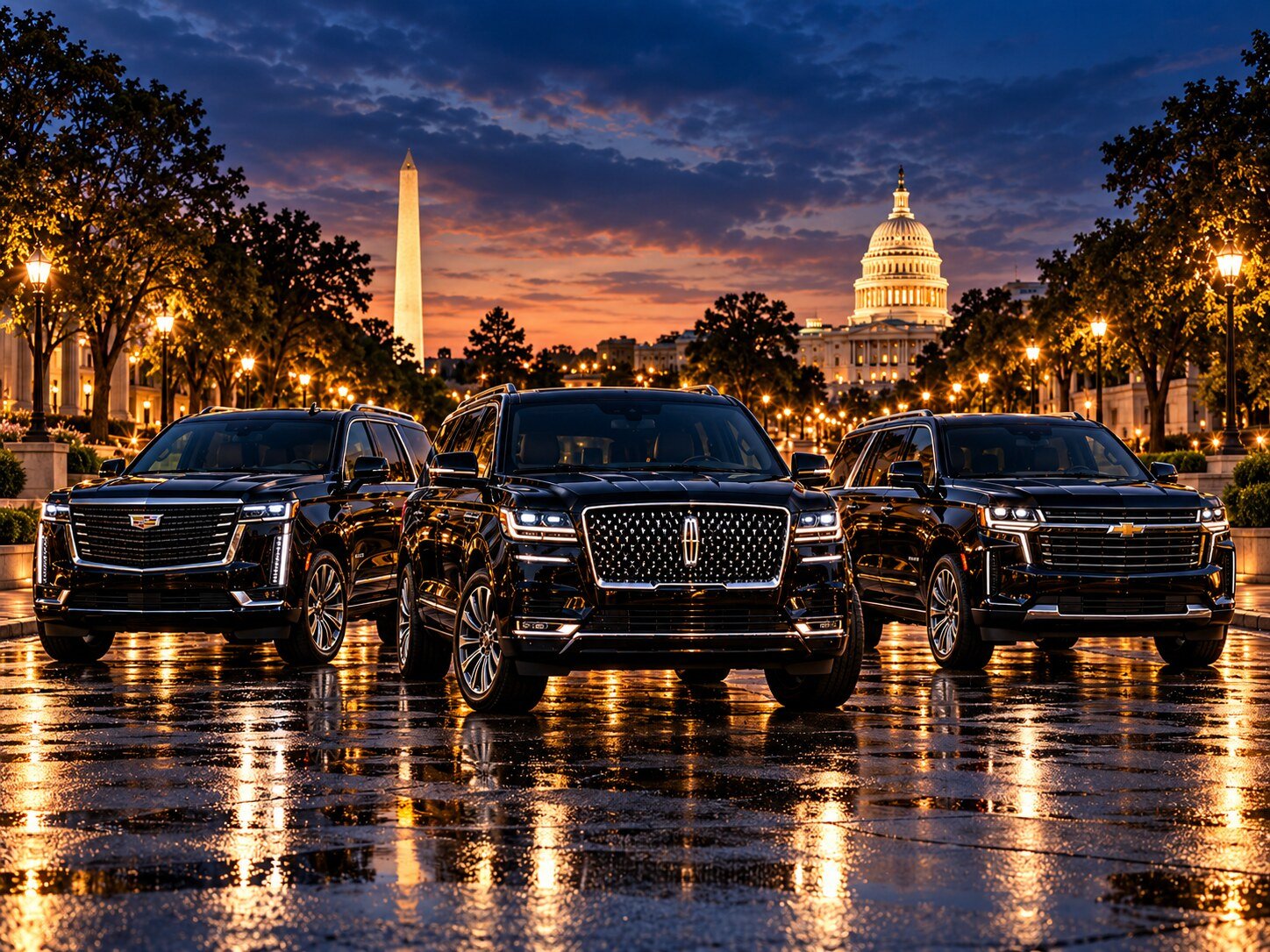 Three black luxury SUVs in Washington DC at twilight