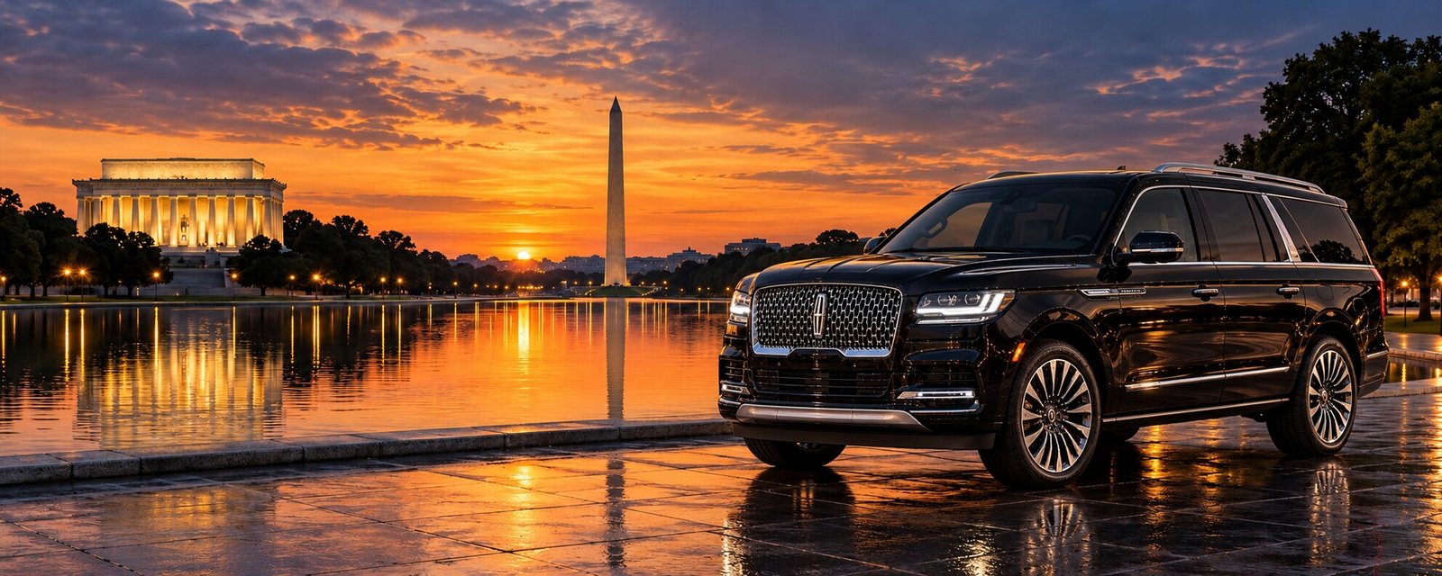 Black Lincoln Navigator L by the Washington Monument and Lincoln Memorial at sunset