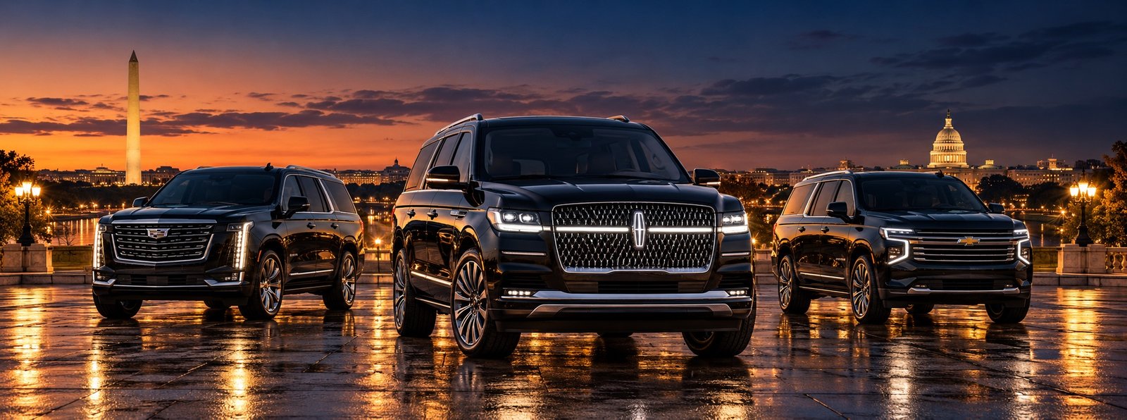 Exactly three black luxury SUVs in Washington DC with a Lincoln Navigator L centered in front, Cadillac Escalade left and Chevrolet Suburban right