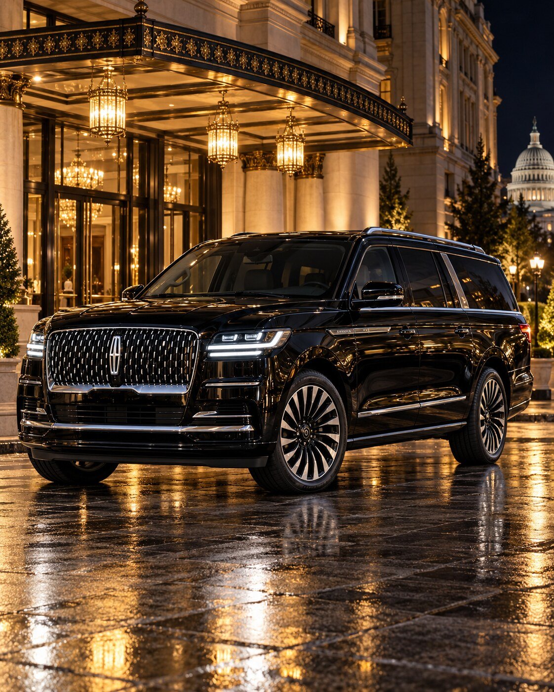 Featured black Lincoln Navigator L outside an illuminated luxury hotel