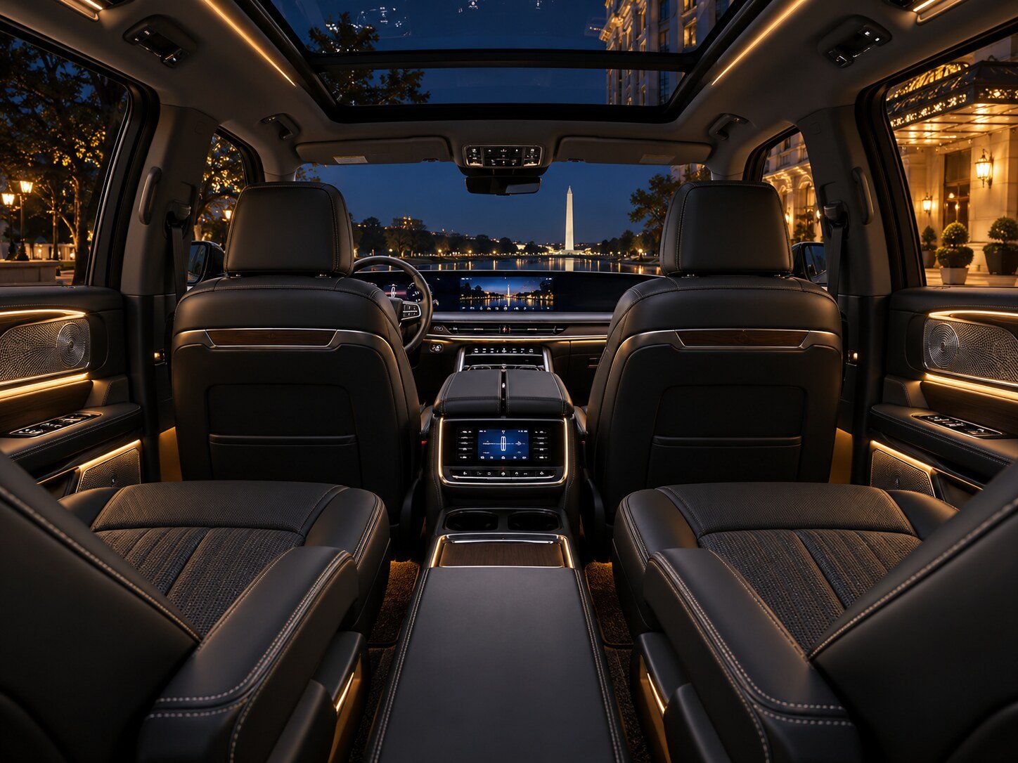 Premium black leather interior of a Lincoln Navigator L with Washington DC visible ahead