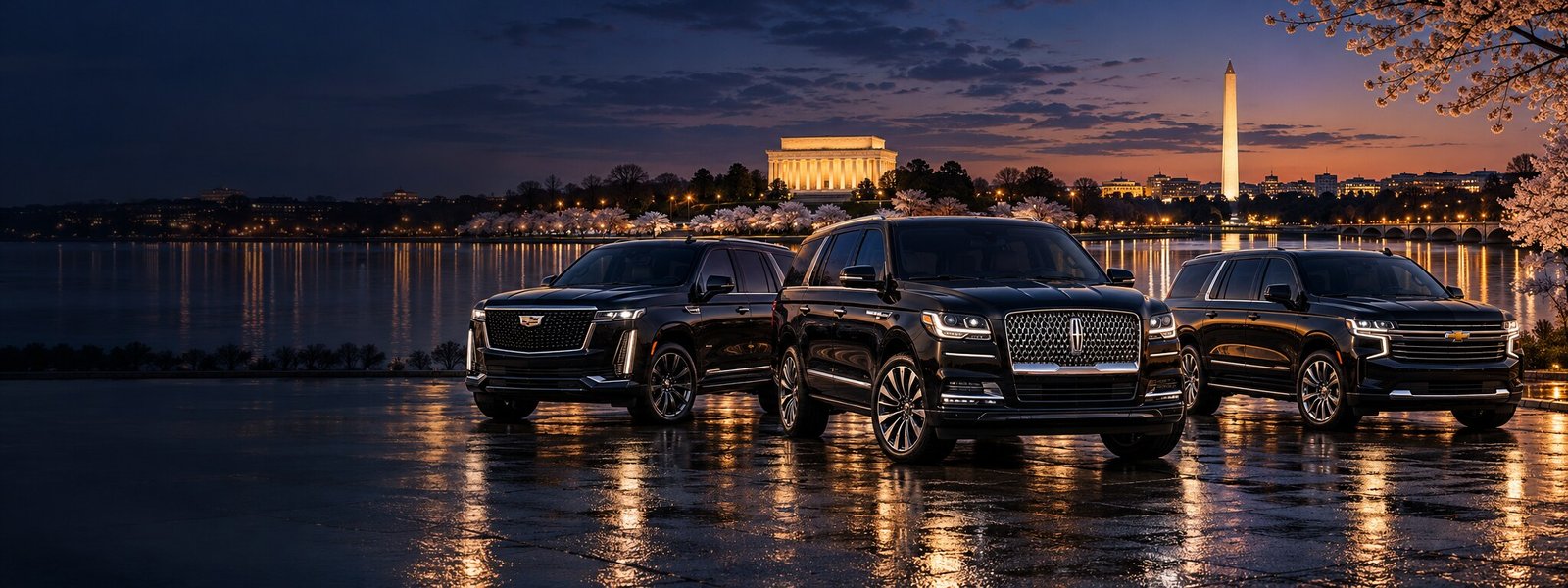 Three black luxury SUVs at the Washington DC waterfront at blue hour