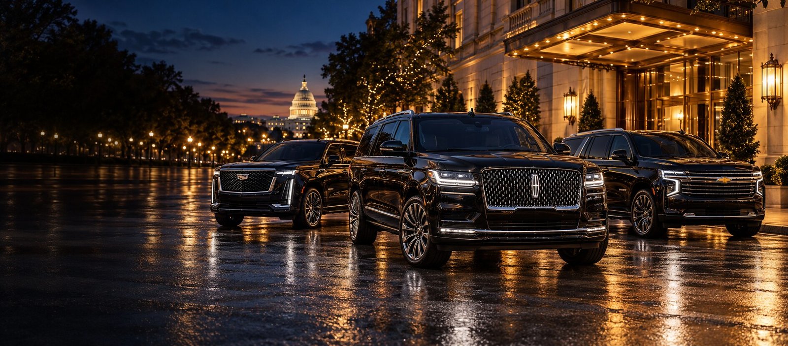 Three black luxury SUVs outside a Washington DC hotel, led by a Lincoln Navigator L
