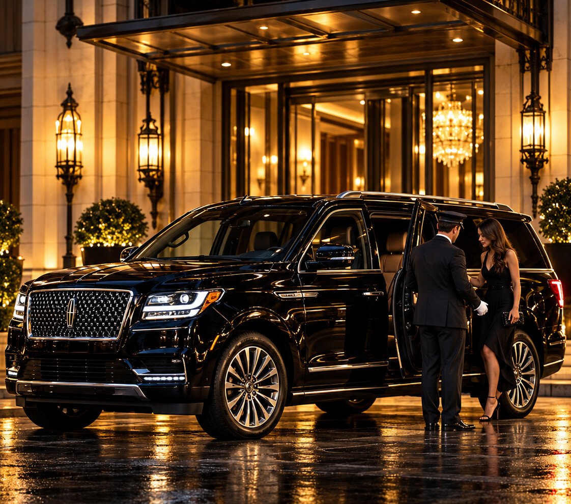 Full black luxury SUV with chauffeur and passenger at an illuminated hotel entrance at night