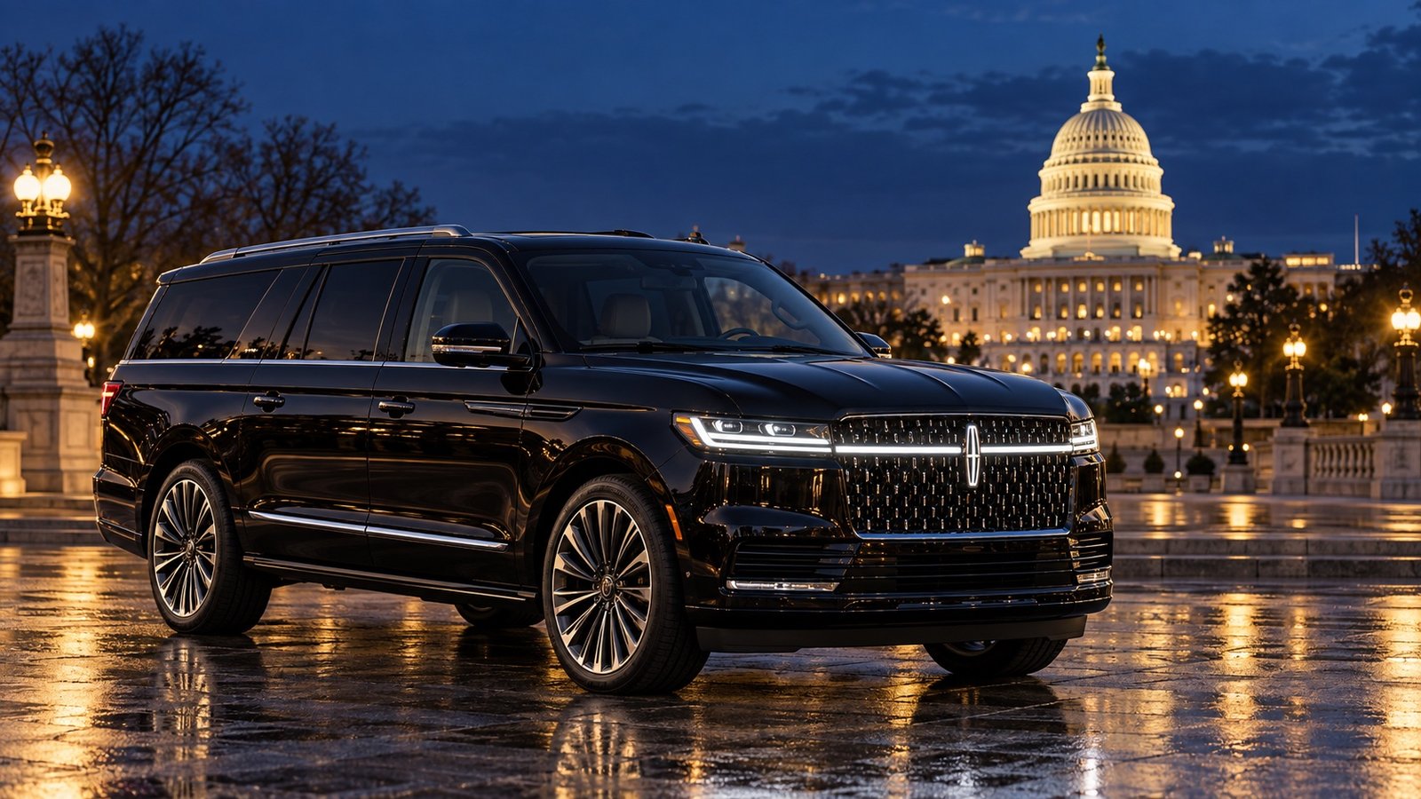 Black Lincoln Navigator L in Washington DC at night