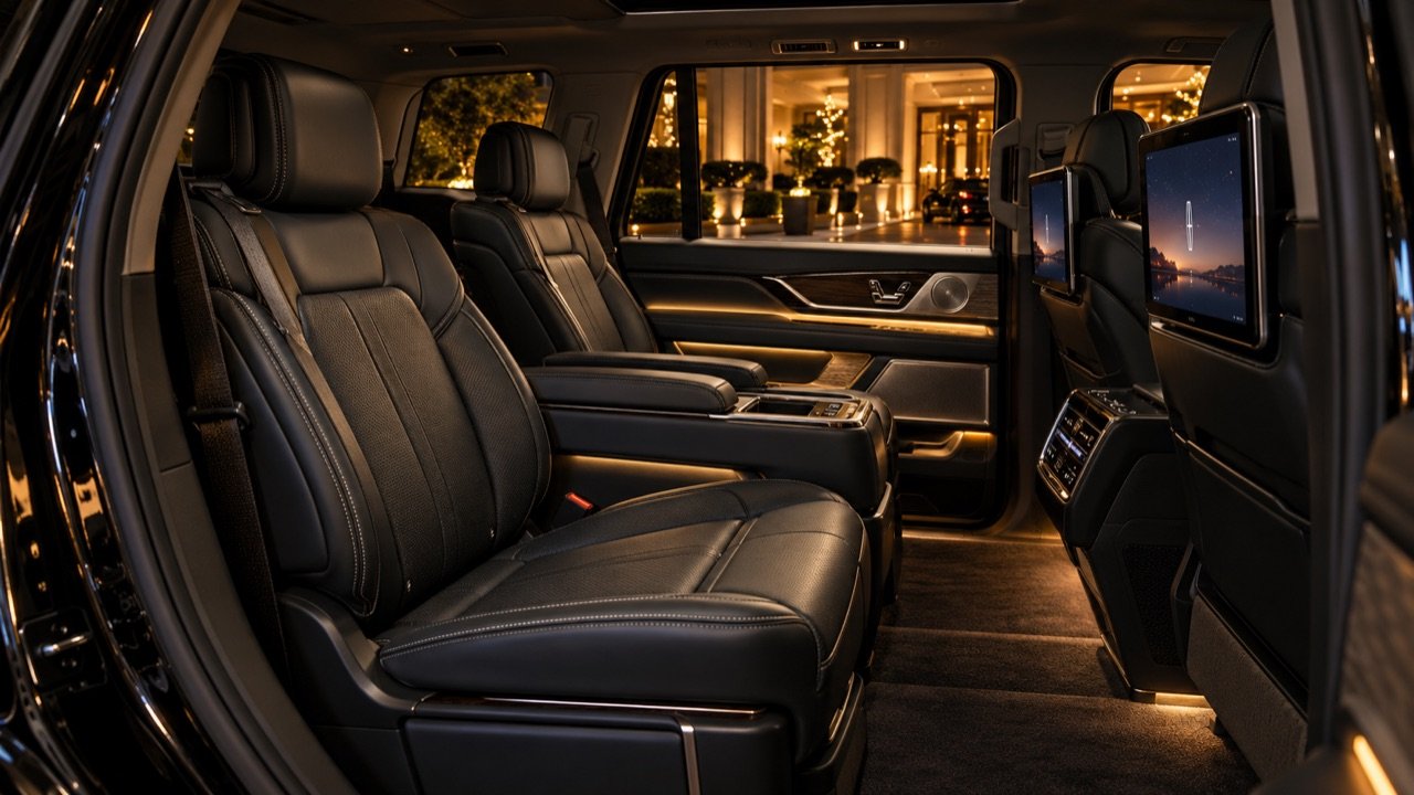 Premium black SUV rear cabin with ambient evening lighting