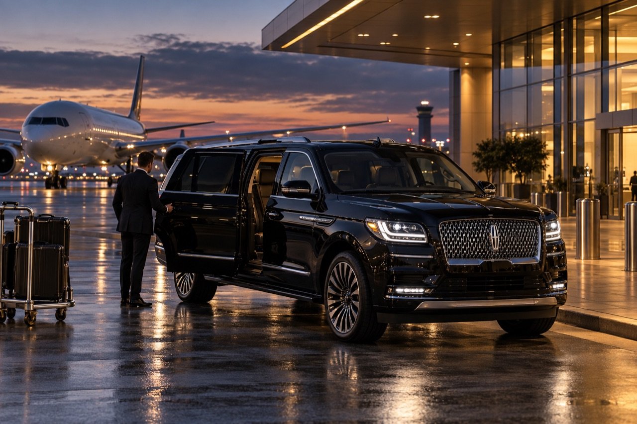 Black luxury SUV and chauffeur at an airport terminal with an aircraft