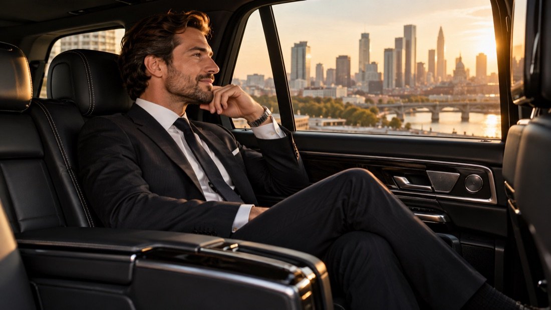 Executive passenger in a premium black SUV rear cabin