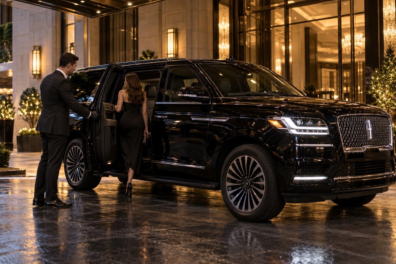 Professional chauffeur opening a black luxury SUV door for a passenger