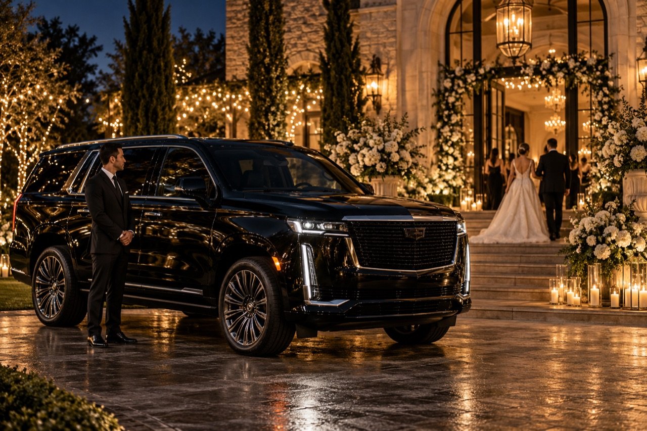 Black luxury SUV and chauffeur outside an elegant wedding venue