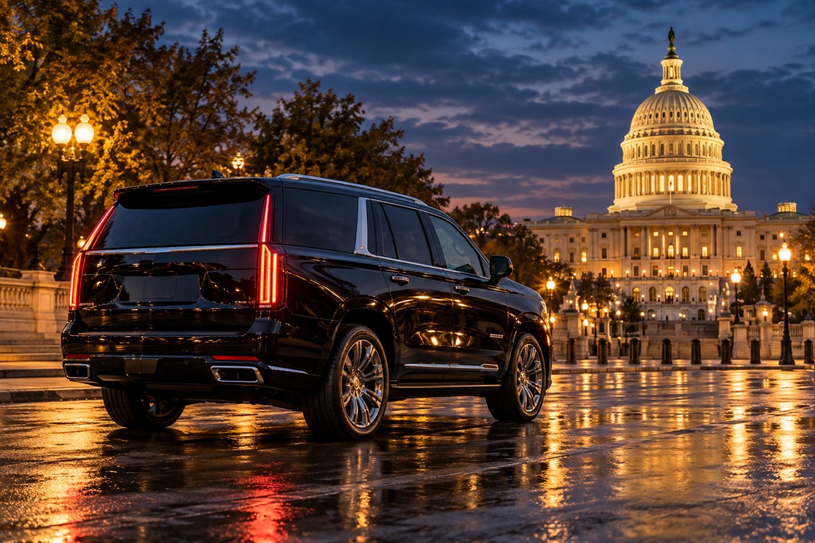 Black luxury SUV near the United States Capitol at blue hour